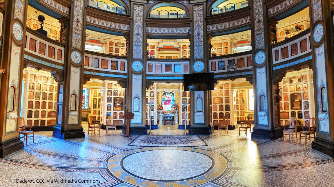 Interior view of the San Francisco Columbarium, showing its ornate decoration, stained glass, and cremation niches